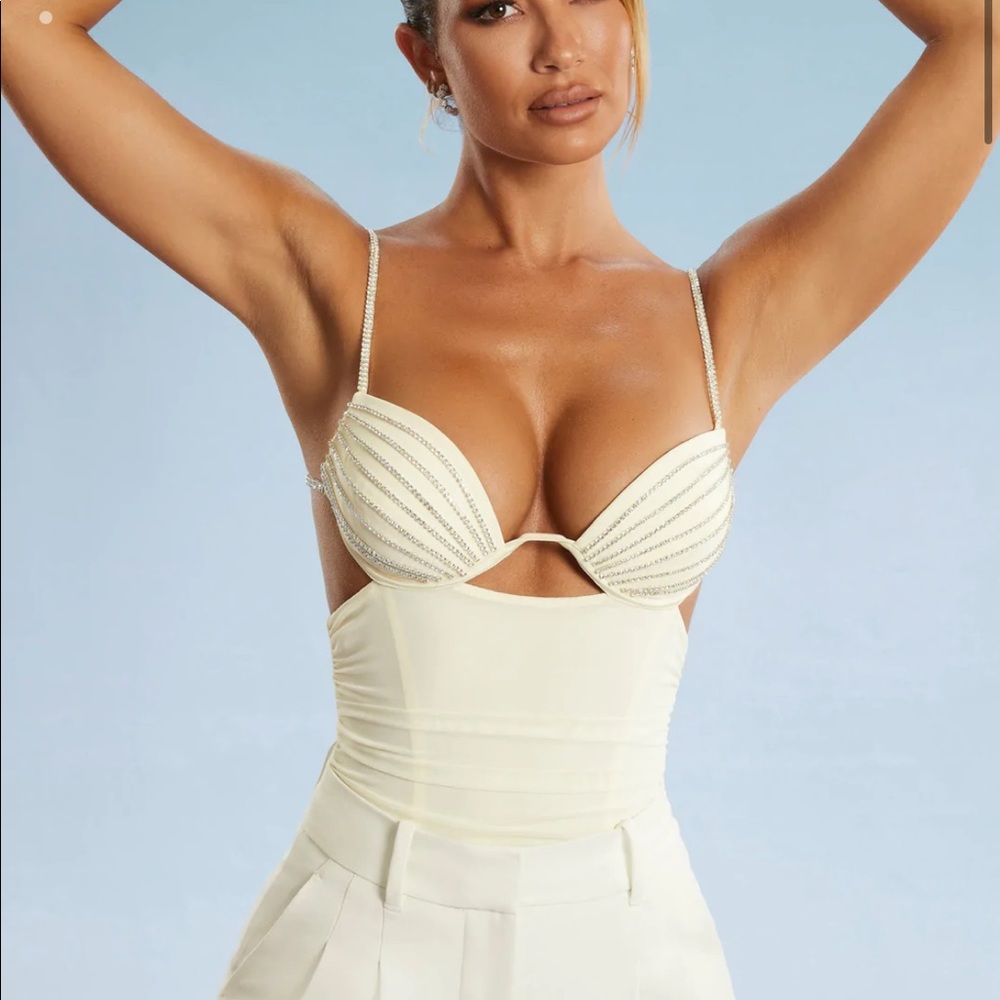 Oh Polly Embellished cut out ruched bodysuit in ivory